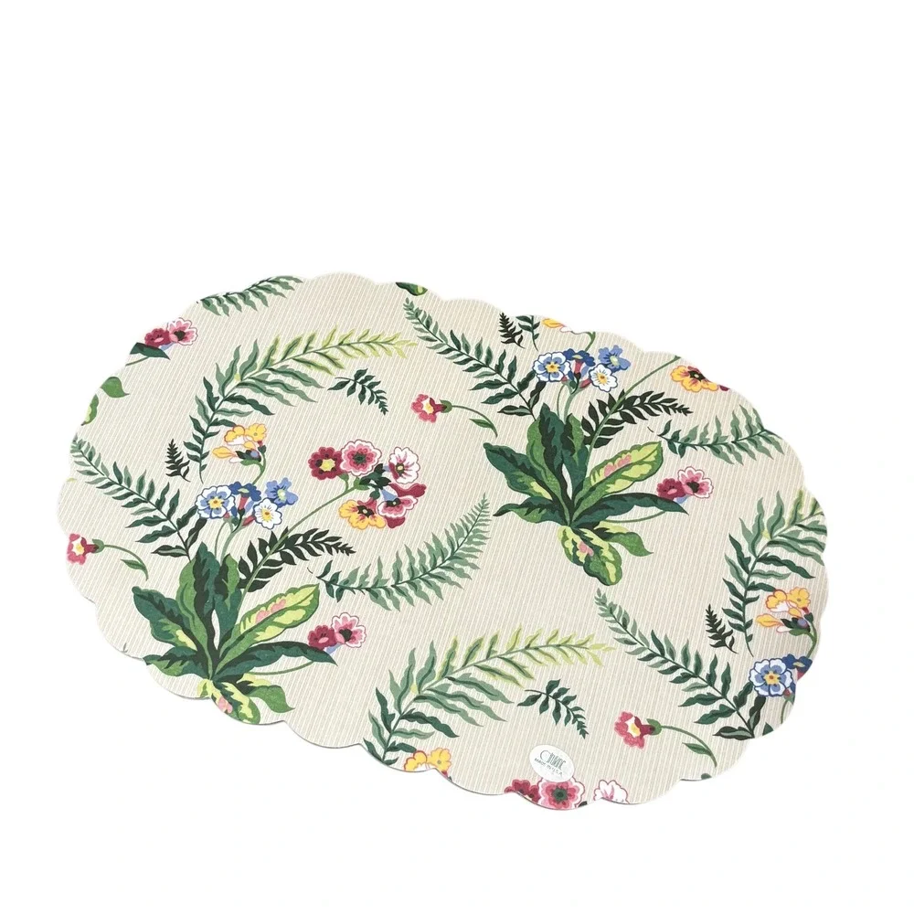 Vintage Drulane Primrose Floral Scalloped Oval Vinyl Placemats Set of‎ 6 Cream